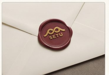 Wax seal with the SETU mark on an ivory envelope